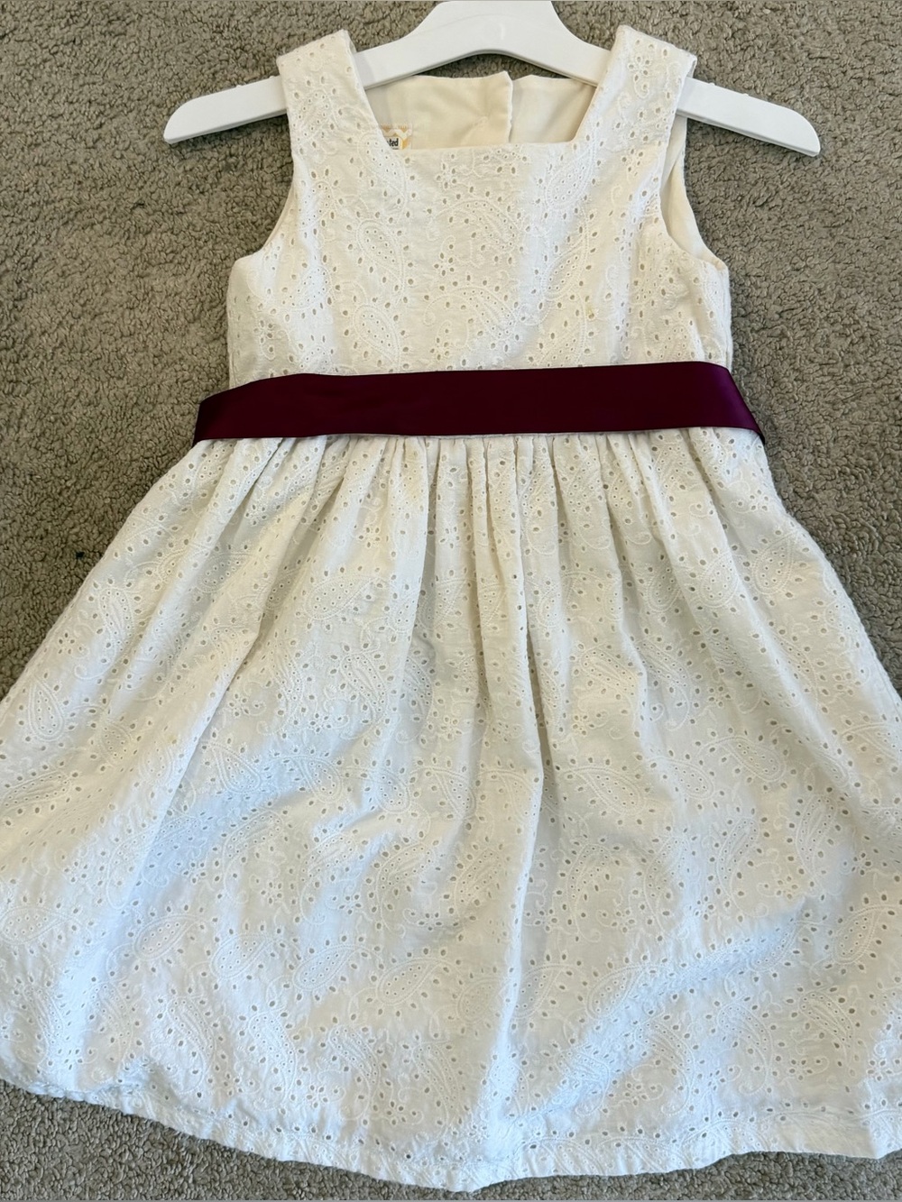 White Eyelet Formal Dress for Girls with Burgundy Sash